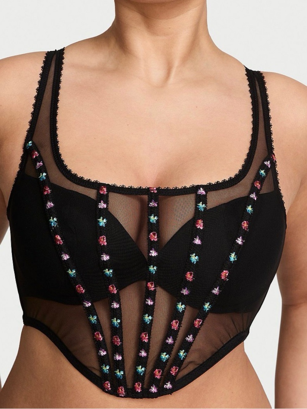 NWT Victoria’s Secret Dark Blossom Embroidery Corset Top Black Floral. LARGE